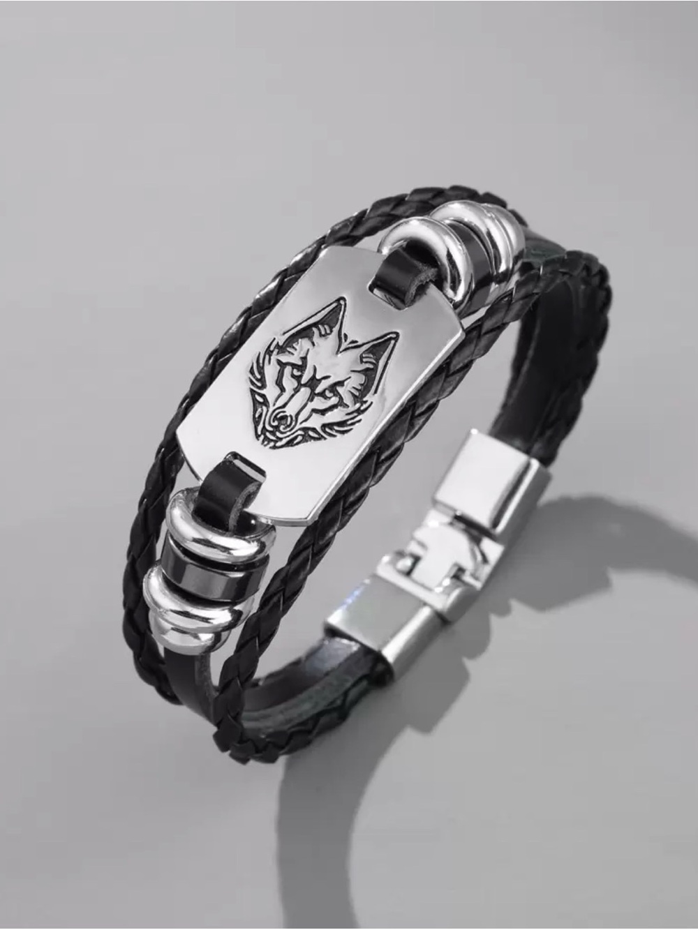 Silver Wolf Plate Black Braided Faux Leather Bracelet
